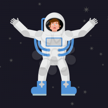 Happy astronaut in outer space. Good cheerful spaceman. Space suit
