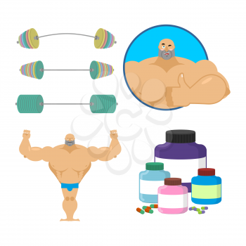 Fitness set. Bodybuilder and sports nutrition. Athlete and barbell. Sports man Thumbs up shows well. Sign all right. Gesture of hand in order. Bank of protein and anabolic steroids
