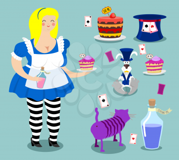 Alice in Wonderland icon set. Fat woman and Cheshire cat. Rabbit in hat. Cylinder is Mad Hatter. Magic Potion and piece of cake
