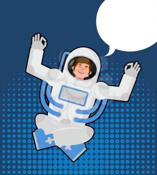 Astronaut meditates in a pop art style. Bubble for text. Zen and relaxation spaceman. Man in Space Suit knowledge and enlightenment. Yoga Space.
