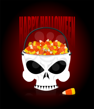 Happy halloween skull basket candy corn. Trick or treat. Sweets for terrible holiday. Horrible skeleton basket for sweets
