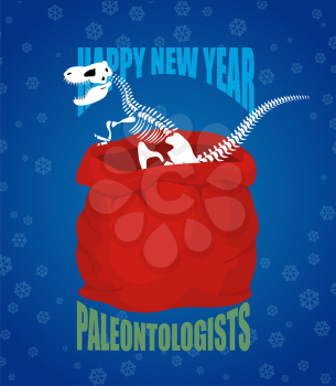 Paleontologists new year. Dinosaur skeleton in red sack Santa Claus. Tyrannosaurus congratulates on Christmas. Prehistoric predator. big bag with gifts
