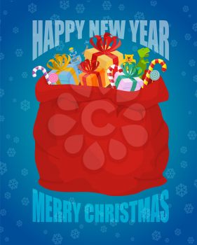 Happy New Year. Full sack of gifts. Bag of Santa Claus with presents. Merry Christmas toys for children