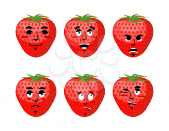 Strawberry emotions set. Red berry evil and good. harvest asleep and surprised. Fresh fruit emoji with face
