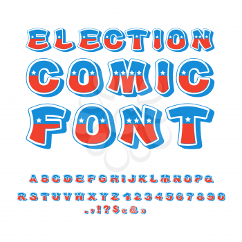 Election comic font. Political debate in America alphabet. USA National ABC. Colors of American flag letters
