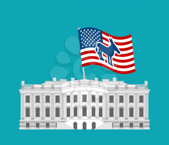 Democrat win White House. Flag blue donkey. Political presidential elections in USA. Government Building America. patriotic mansion United States 
