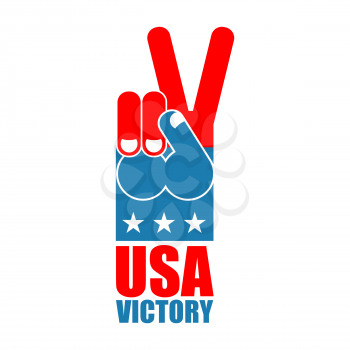 Finger victory USA. America win hand. Symbol of USA Patriot. American sports sign. Expression of emotions. Pattern of flag of United States
