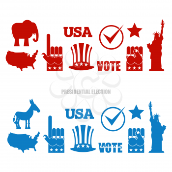 American Elections sign set. Republican elephant and Democratic donkey. Symbols of political parties in America. Statue of Liberty and USA map. Fist and Uncle Sam hat
