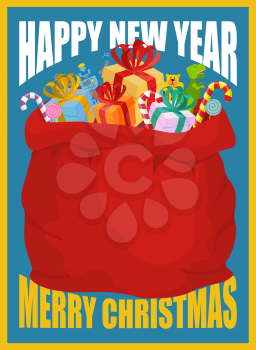 Happy New Year retro card. Bag of Santa Claus with gifts. Full sack of presents. Merry Christmas toys for children