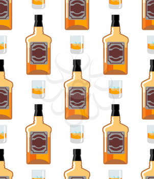 Bottle Scotch seamless pattern. Glass of whiskey and ice ornament. bourbon background. Drink backdrop. Alcohol texture
