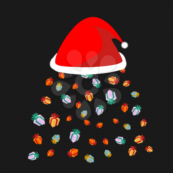 Santa hat rain of gifts. Gift snowfall. Christmas red cap
