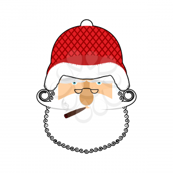 Santa Soldier face. Army Claus head. Christmas War. Defender of new year. Grandfather with beard and mustache. Xmas veteran trooper. Red soldiers helmet 
