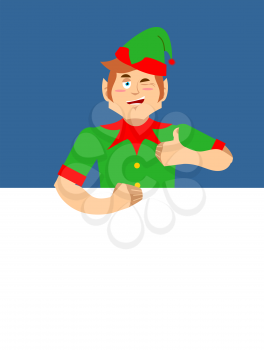 Santa Elf and Blank Space. Place for text. Xmas template design. Claus helper. christmas banner. New year advertisement
