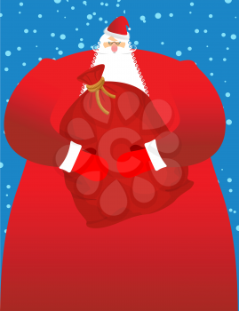 Santa Claus with sack of gifts. Big red festive bag. Great Grandpa with white beard and red suit. Illustration for Christmas and New Year. Large sackful toys and sweets