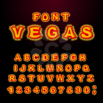 Vegas font. Glowing lamp letters. Retro Alphabet with lamps. Vintage show ABC with light bulb. Glittering lights lettering
