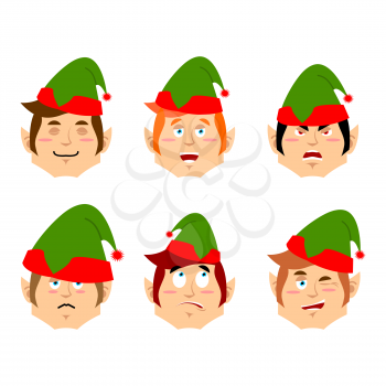 Christmas elf emoji. emotion set. Aggressive and good helper of Santa Claus. Surprised and sleep little man in green suit. XMAS avatar 

