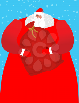 Santa Claus with sackful toys and sweets. Big red festive bag. Great Grandpa with white beard and red suit. Illustration for Christmas and New Year. Large sack of gifts