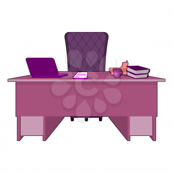 Pink office. Gay boss. LGBT office. Table director. leader of desktop. Laptop and phone. Cup of coffee and purple chair chief
