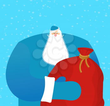 Father frost Russian Santa Claus (Ded Moroz). Great grandfather in blue suit and big red bag with gifts for children. National folk hero New Year. Character for Christmas in Russia.
