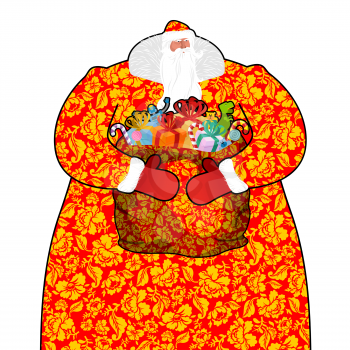 Santa Claus in Russia (Ded Moroz). Father Frost costume painting Khokhloma national pattern. Big bag with gifts. Full sack ornament folk texture. Christmas character. Illustration for new year
