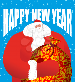  Russian Santa Claus Ded Moroz. Great Father frost  in red suit carries big sack of gifts for children. National folk holiday personage in Russia. card, poster Christmas and New Year. Red bag khokhl