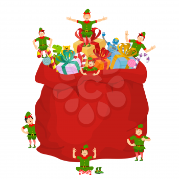 Bag Santa with gifts and Christmas elves. Red sack with toys and sweets for children. Elf Little Santas helper packaged gifts. Illustration for new year
