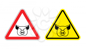 Warning sign pork attention. Dangers yellow sign pig. Farm animal on red triangle. Set of road signs against ham. Attention bacon