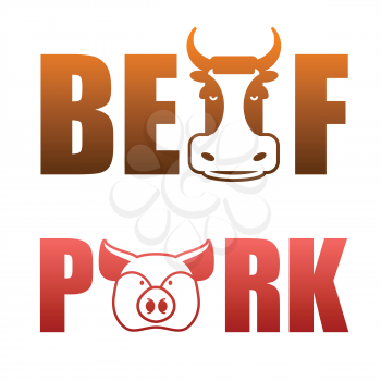Pork and beef text logo. Cows and pigs. Typography
