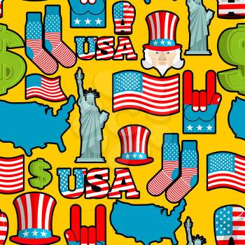 America symbols patriotic pattern. USA national ornament. State traditional background. Map of country and United States flag. Statue of Liberty and Uncle Sam. Dollar and  star.