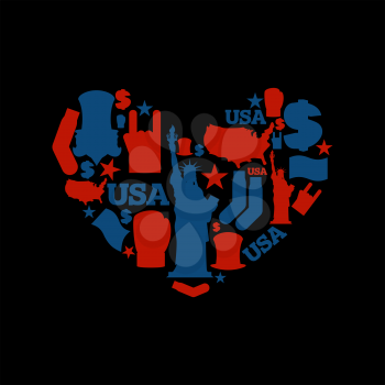 USA love. Sign heart of United States traditional folk sign. Map and flag of America. Statue of Liberty and Uncle Sam. dollar and star. National patriotic American emblem.