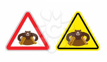 Warning sign drunk Russian tourist attention. Dangers yellow sign people from Russia. Bear with accordion on red triangle. Set of road signs against an aggressive tourer. Attention angry bully 