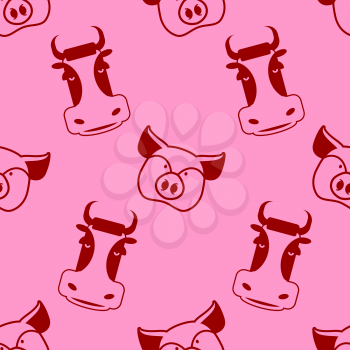 Cow and pig seamless pattern. head of boar and bull ornament. Pork and beef texture. Cute farm animals. Retro background for childrens fabric