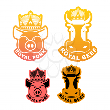 Royal pork and beef logo. Cow in crown. Pig in diadem. Excellent quality meat. Logo for farming and meat production
