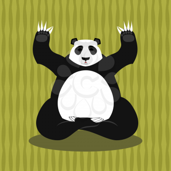 Panda meditating. Chinese bear on background of bamboo. Status of nirvana and enlightenment. Lotus Pose. Wild Animal Yoga