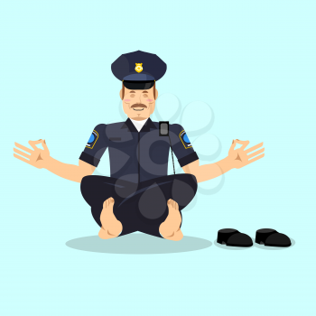 Policeman meditating. Cop yoga. Police officer relaxes. Status of nirvana and enlightenment. Lotus Pose. 