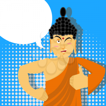Buddha Thumbs up in pop art style. Indian god. Sign all right. Hand showing ok. Gesture of hand.  Supreme teacher for Buddhists. Holy man in orange robes