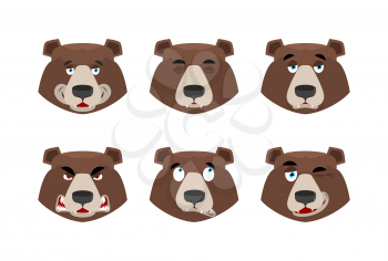 Emotions bear. Set expressions avatar grizzly. Animal good and evil. Beast discouraged and cheerful and winks