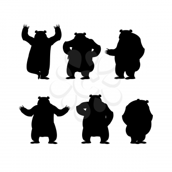 Bear set silhouette. Grizzly various poses. Expression of emotions. Wild animal yoga. Eevil and good. Sad and happy animal. Big strong predator