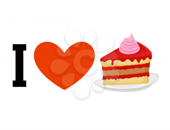 I love cake. Heart and piece of cake. Logo for sweet tooth. dessert in plate
