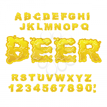 Beer ABC. Alcoholic alphabet. drink letters. Yellow liquid font. Flowable typography
