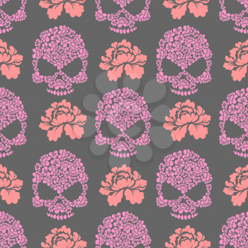 Flower skull seamless pttern. Skull of pink flowers and roses ornament. Beautiful flora texture
