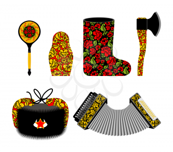 Russian souvenir set Khokhloma painting. Russia traditional national symbols. Spoon and matryoshka. Decorative Valenok and painted axe. Earflaps hat and harmonica, accordion