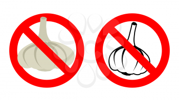 Stop garlic. Prohibited bad breath. Crossed-out silhouette of vegetable. Emblem against stench. Red prohibition sign. Ban garlic
