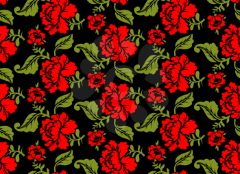 Red Rose seamless pattern. Floral texture. Russian folk ornament. Red flowers on black background. Vintage pattern in traditional Russia style