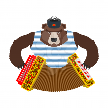 Russian patriot bear with accordion. Wild animal and Russian musical instrument. Traditional folk hat with earflaps