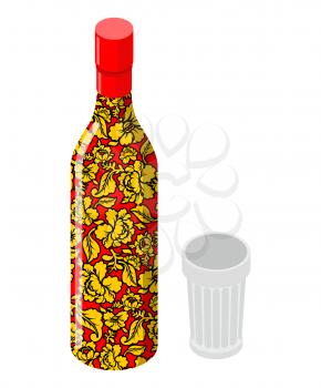 Vodka and glass. Traditional Russian alcohol. Bottle with national pattern of khokhloma. 