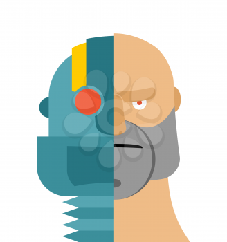 Robots head. cyborg and people. Iron person and man face. Cybernetic mechanism. Man of future

