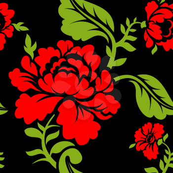 Red Rose seamless pattern. Floral texture. Russian folk ornament. Red flowers on black background. Vintage pattern in traditional Russia style
