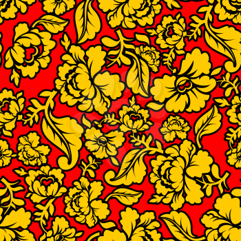Russian national pattern Hohloma. Traditional Folk Ornament in Russia. Yellow flowers on red background. Patriotic Flower texture. Historic Cultural Decorative seamless design