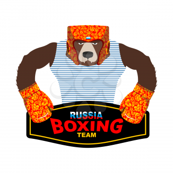 Russian Bear Boxer patriot. Boxing gloves and helmet with style Khokhloma painting. Russian traditional floral pattern. Strong animal and championship belt
